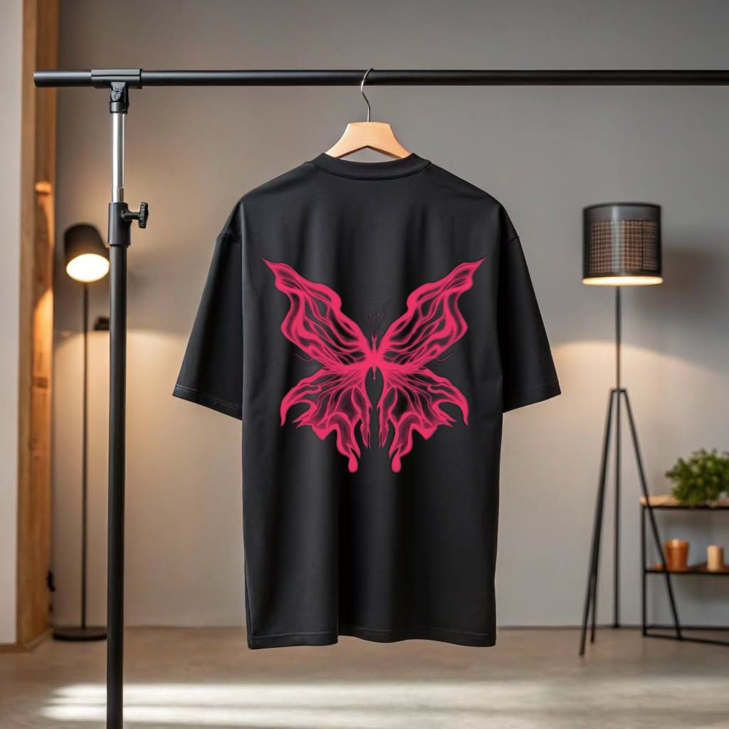 "Neon Bloom" Pink Glow Butterfly Black T-Shirt