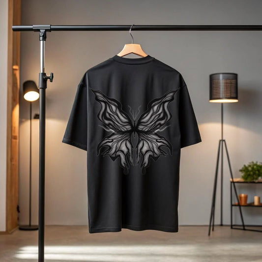"Shadow Wings" Monochrome Butterfly Black T-Shirt
