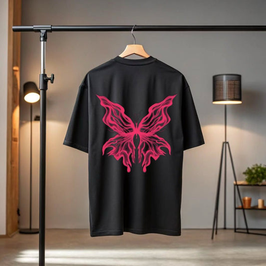 "Neon Bloom" Pink Glow Butterfly Black T-Shirt