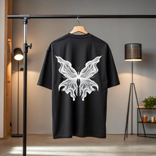 "Spirit Wings" White Glow Butterfly Black T-Shirt