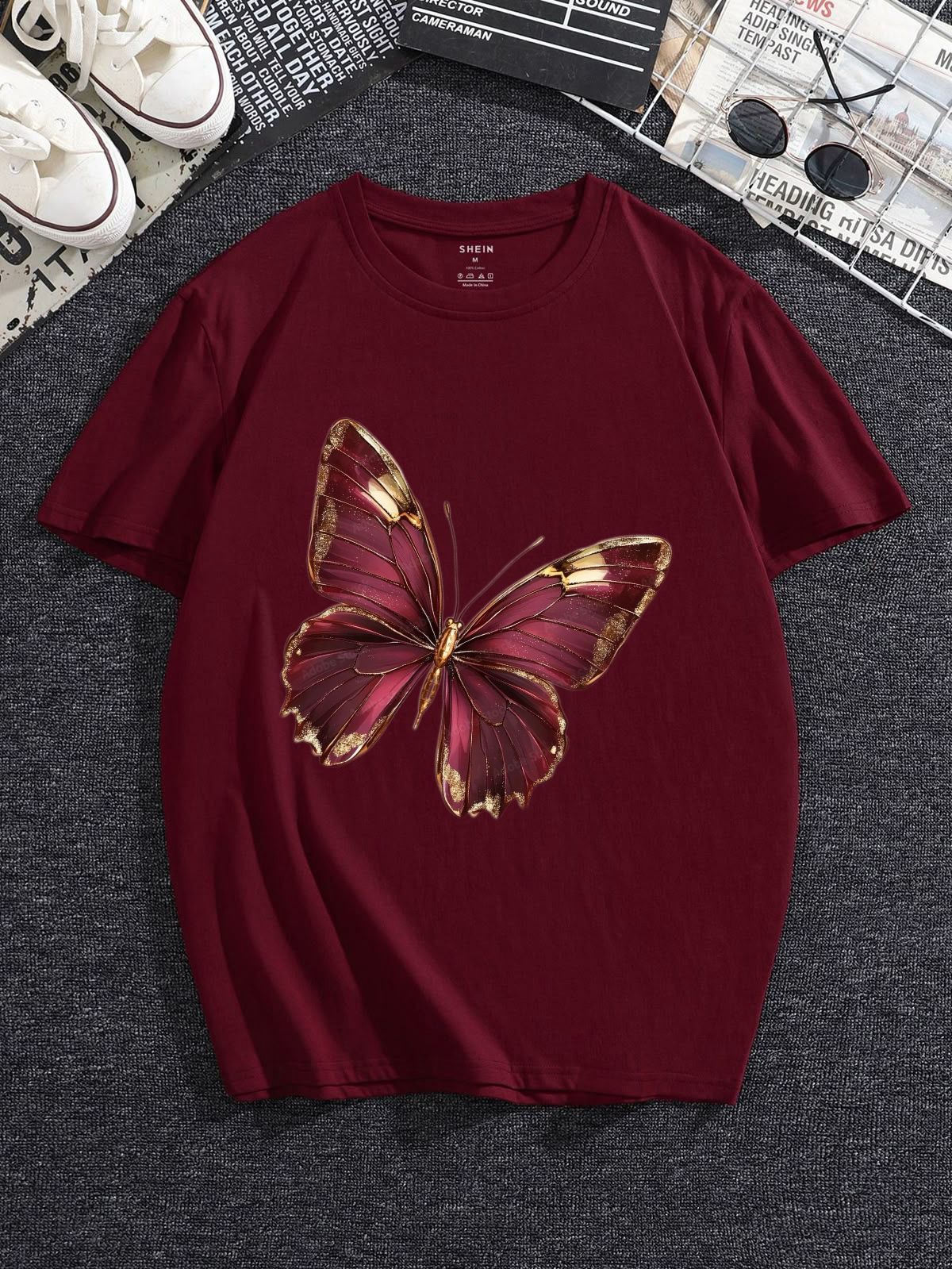 "Gilded Wings" 3D Golden Butterfly Maroon T-Shirt