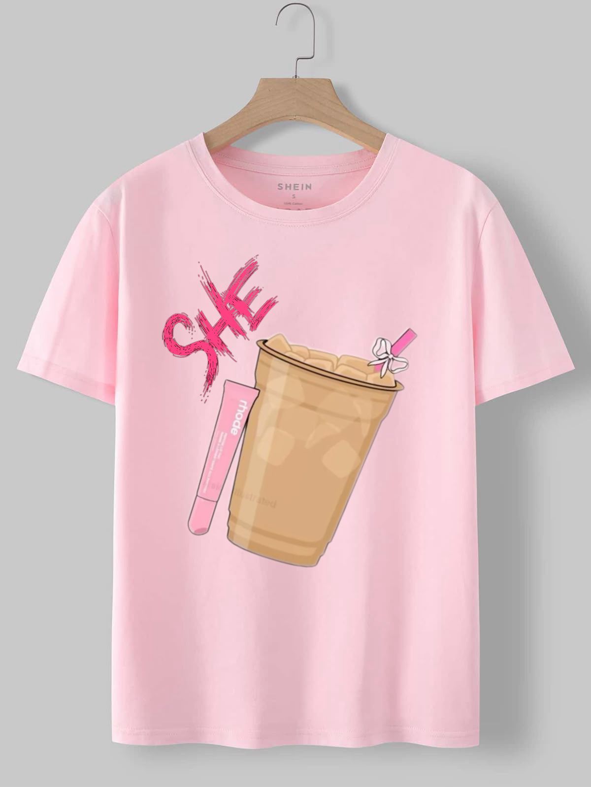 "SHE" Iced Coffee & Lip Gloss Pink T Shirt