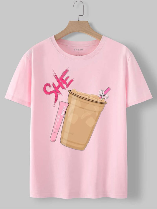 "SHE" Iced Coffee & Lip Gloss Pink T Shirt